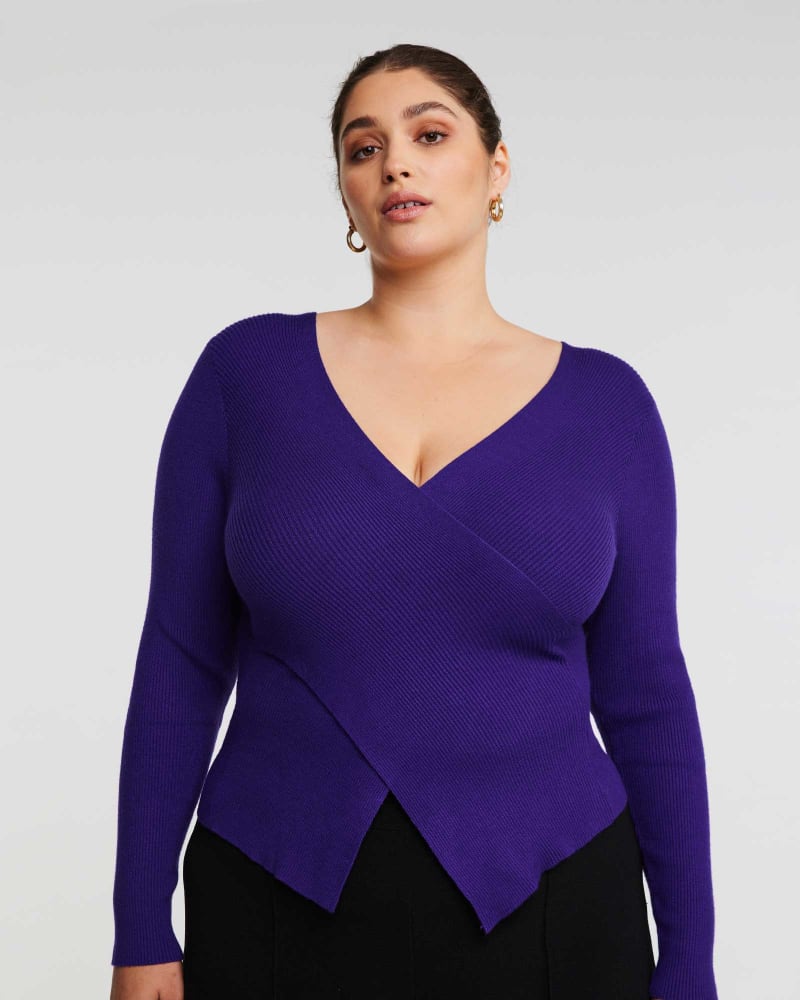 Front of a model wearing a size 16W Wrap It Up Knit in Ultraviolet by Estelle. | dia_product_style_image_id:302248